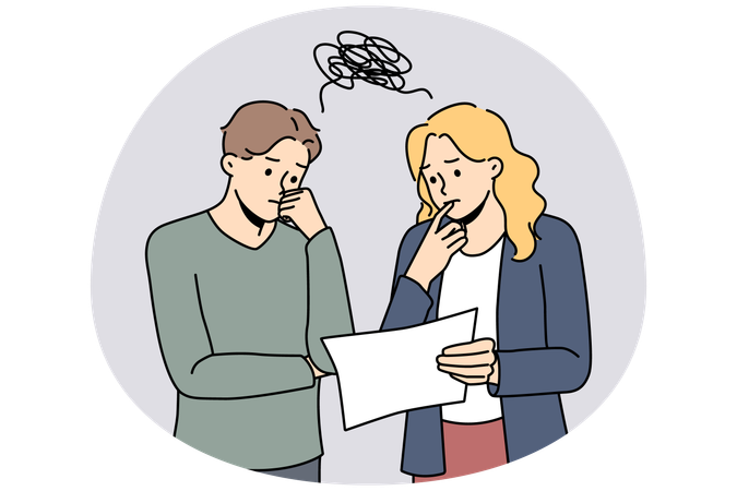 Pensive businesspeople look at paperwork brainstorm over business idea  Illustration