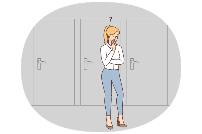 Pensive businesswoman standing near doors think which way to take  Illustration