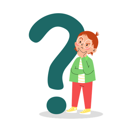 Pensive confused child with huge question mark  Illustration