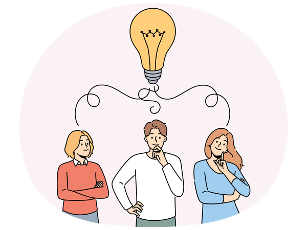Pensive employees with huge lightbulb above head  Illustration