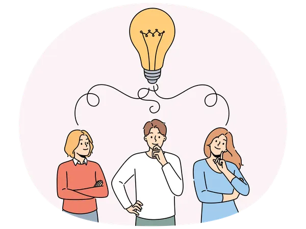 Pensive employees with huge lightbulb above head  Illustration