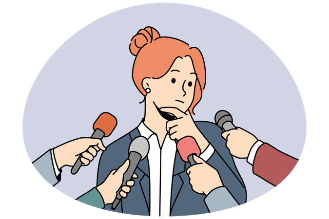 Pensive female politician thinking talking with reporters or journalists  Illustration