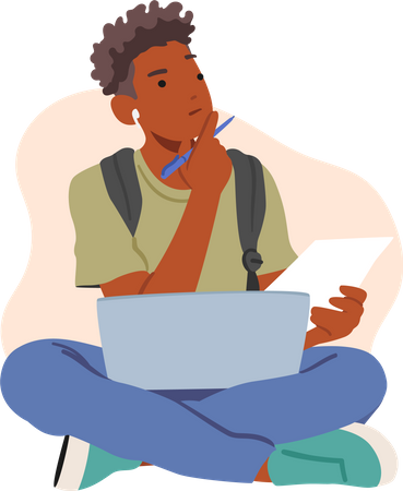 Pensive Male Student Sitting On Floor With Laptop And Paper Sheet Thinking On Task Illustration