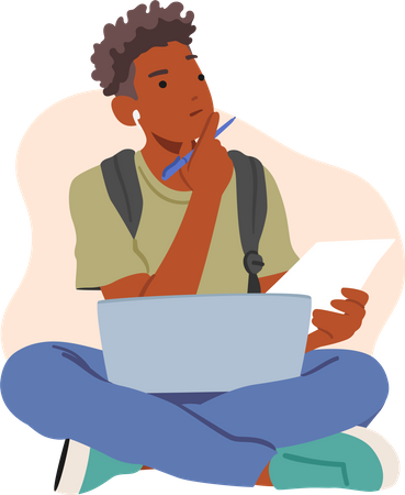 Pensive Male Student Sitting On Floor With Laptop And Paper Sheet Thinking On Task  Illustration