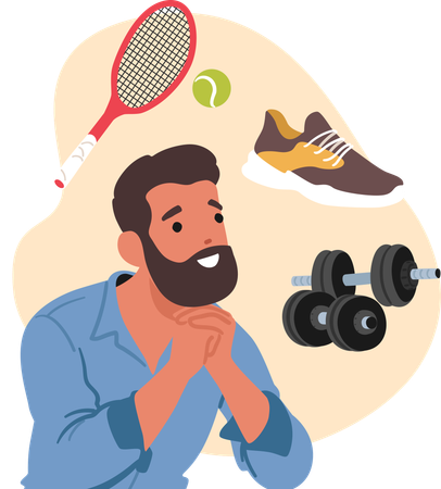 Pensive man cartoon character making choice deciding between bodybuilding and tennis sport training  Illustration