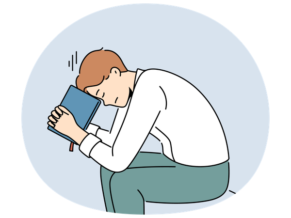 Pensive man pray with bible  Illustration