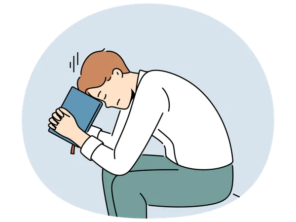 Pensive man pray with bible  Illustration