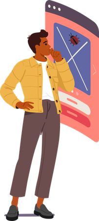 Pensive man web developer brainstorming during software testing process finding bugs in e-mail  Illustration