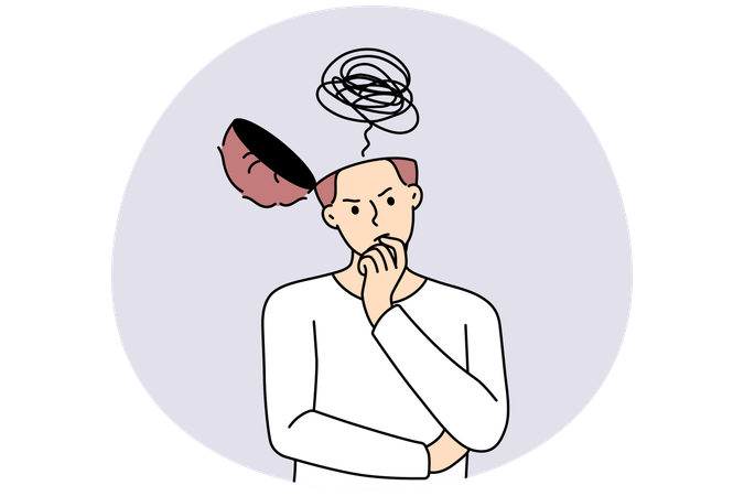 Pensive man with head open look for solution  Illustration