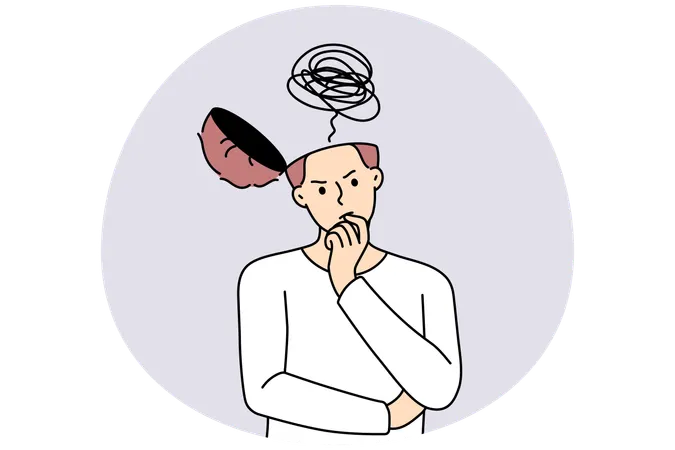Pensive man with head open look for solution  Illustration