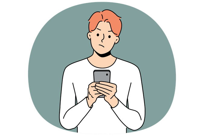 Pensive man with phone received warning text message with bad news about storm warning  Illustration