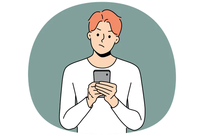 Pensive man with phone received warning text message with bad news about storm warning  Illustration