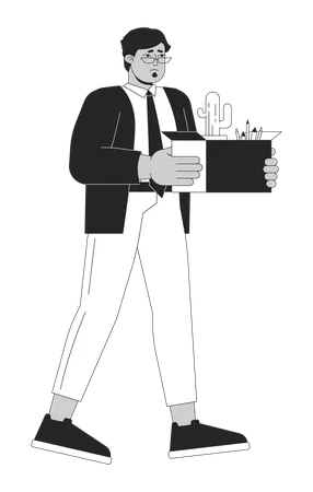 Pensive Middle Eastern Man Losing Job Black And White 2 D Line Cartoon Character Arab Man With Stuff Leaving Work Isolated Vector Outline Person Unemployment Monochromatic Flat Spot Illustration Illustration