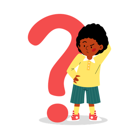 Pensive thinking child next to question mark  Illustration
