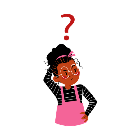 Pensive thoughtful girl with question mark  Illustration