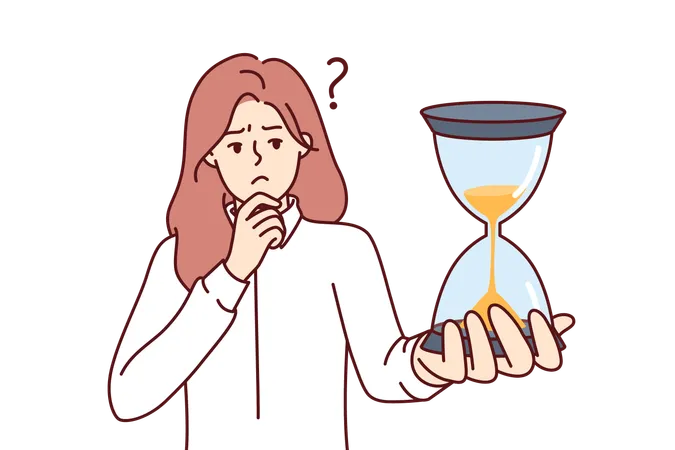 Pensive Woman Holding Hourglass And Scratching Chin Feeling Discomfort Due To Strict Deadlines Girl With Hourglass In Hands Thinks About Productivity And Ways To Save Time At Work Illustration