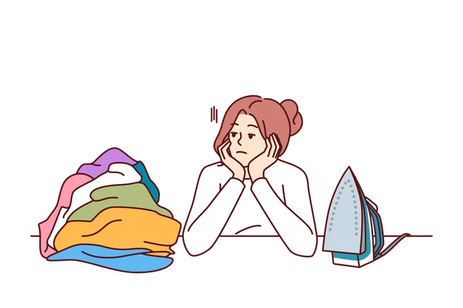 Pensive Woman Housewife Sits Near Ironing Board And Iron Reflecting On Lack Of Personal Development Housewife Girl Needs Rest To Recuperate And Treat Depression Associated With Burnout Illustration