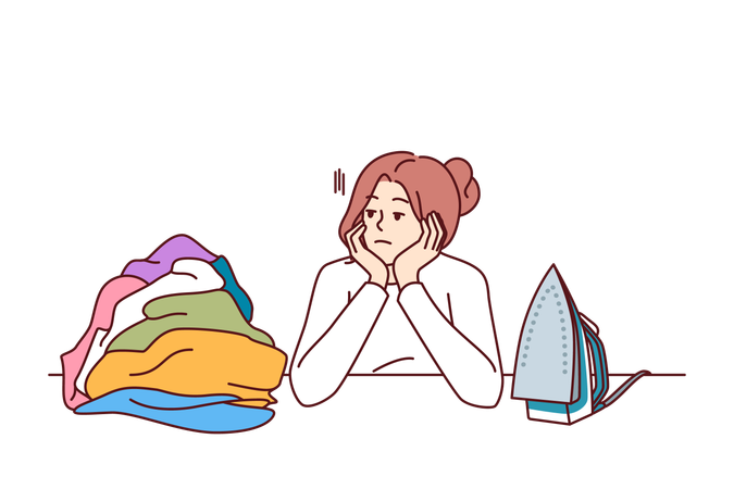 Pensive woman housewife sits near iron  イラスト