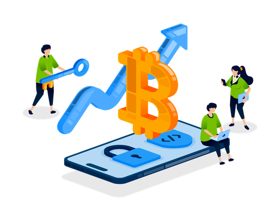 人々はビットコインを取引するためにモバイルアプリに安全にアクセスする  イラスト