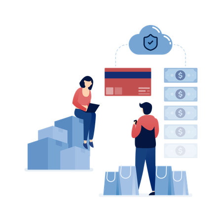 安全なオンラインショッピング取引のためにクレジットカードやクラウドベースの銀行サービスを利用する人々  イラスト