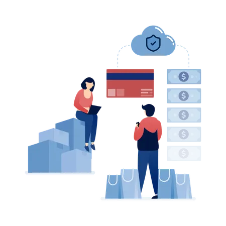 安全なオンラインショッピング取引のためにクレジットカードやクラウドベースの銀行サービスを利用する人々  イラスト