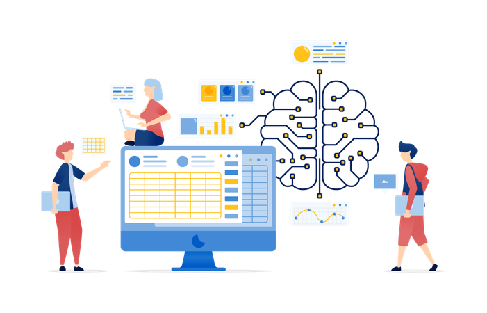 People Accessing Internet Network Connected to AI Brain to Solve Spreadsheet Data  Illustration