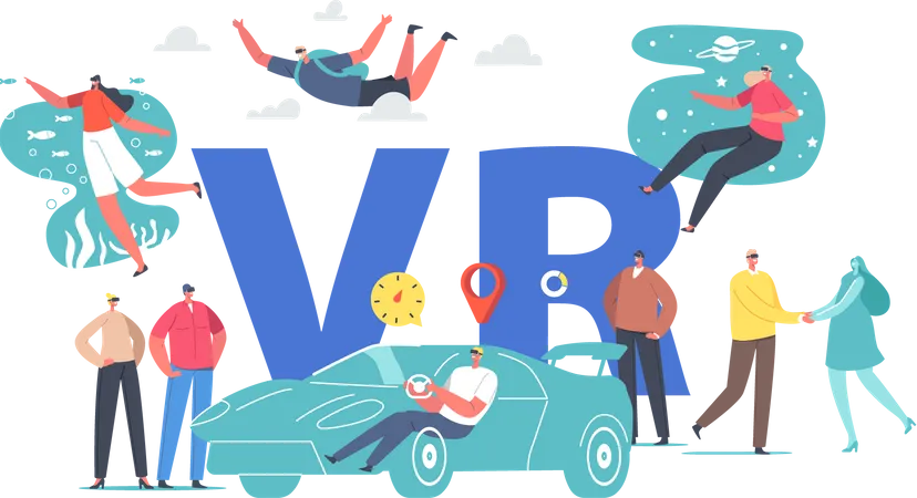 Characters Use Vr Glasses Concept People Driving Car Parachuting Space And Ocean Travel Dating Virtual And Augmented Reality Experience Poster Banner Or Flyer Cartoon Vector Illustration イラスト