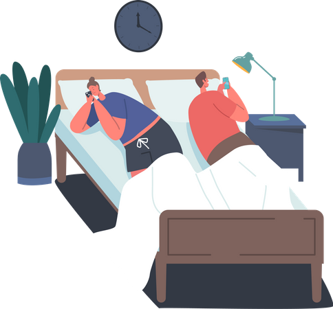 People addicted to smartphone having insomnia  Illustration