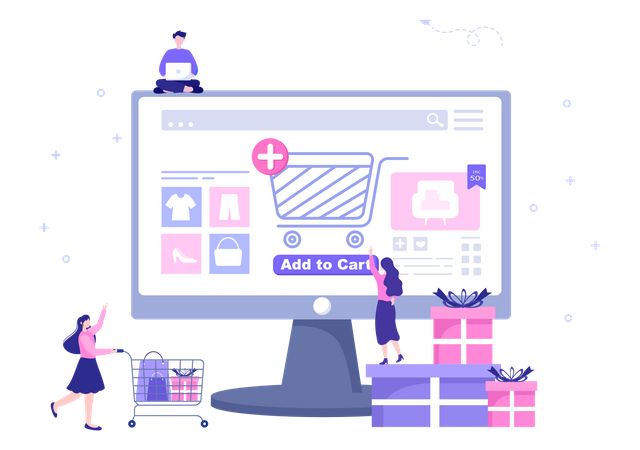 People Adding Shopping Items To Cart  Illustration