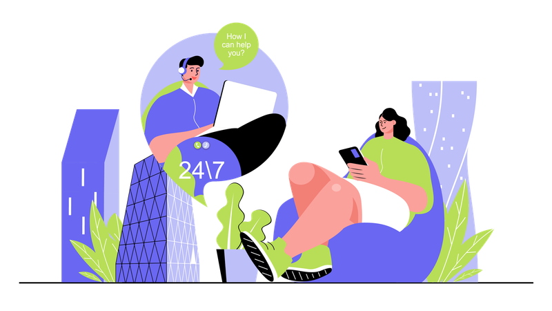 People advising and helping customers around clock answering calls and online messages in chats  Illustration