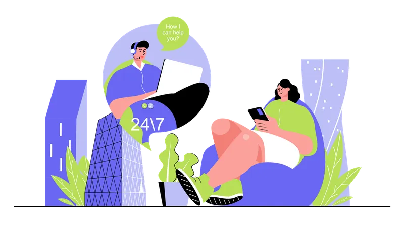 People advising and helping customers around clock answering calls and online messages in chats  Illustration