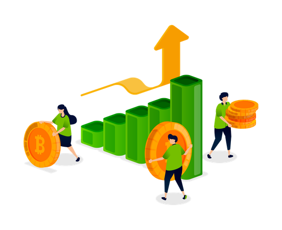 People analyze bitcoin and crypto bar chart trends using up and down arrows  Illustration