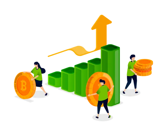 People analyze bitcoin and crypto bar chart trends using up and down arrows  Illustration