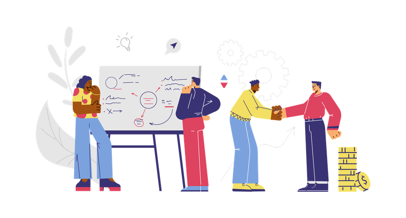 People analyze notes on large board and shake hands  Illustration