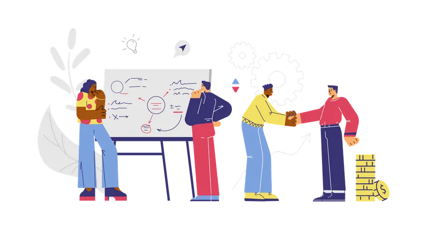 People analyze notes on large board and shake hands  Illustration