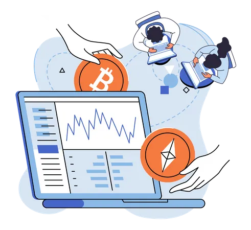People Work With Pogram For Analyzing Investment And Behavior Of Cryptocurrency Digital Technology For Mining And Exchange Of Internet Currency Open Marketplace Trading Platform For Online Payments Illustration