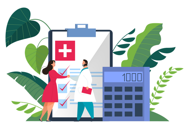 People and doctor standing at the big clipboard with document on it  Illustration
