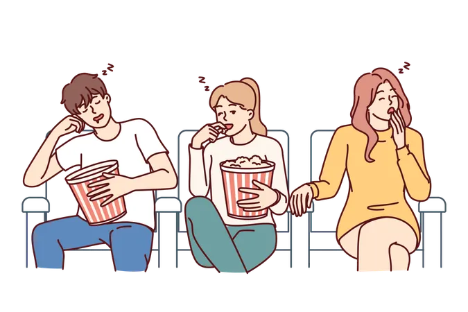 People Watch Boring Movie At Cinema And Fall Asleep With Buckets Of Popcorn In Hands Because Movie Doesn Have Good Script Viewers Of Night Session In Cinema Experience Boredom And Lack Of Interest Illustration