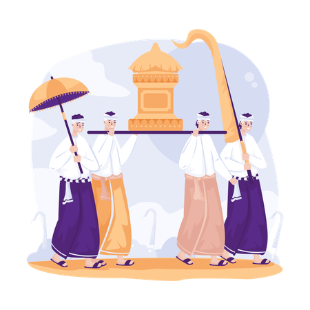 People are celebrating Balinese traditional Ngaben ceremony  イラスト