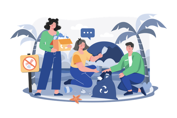 People Are Cleaning Up Trash On The Beach  Illustration