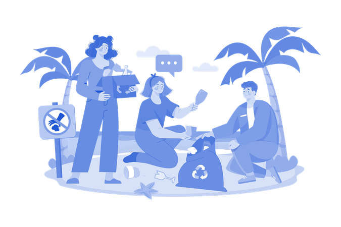 People Are Cleaning Up Trash On The Beach  Illustration