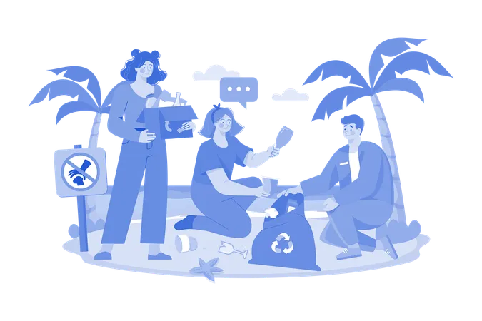 People Are Cleaning Up Trash On The Beach  Illustration