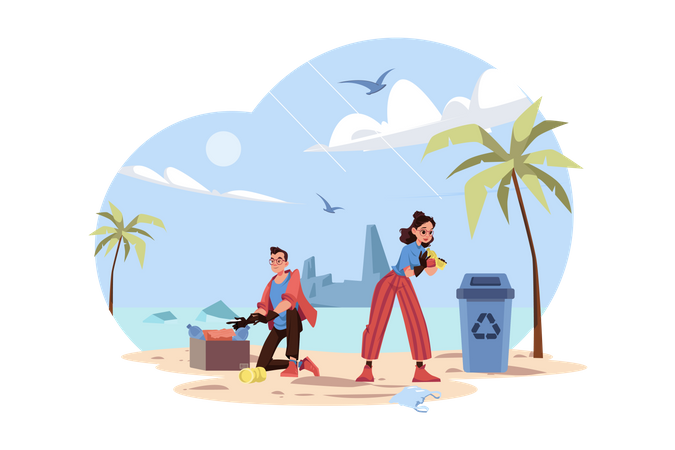 People Are Cleaning Up Trash On The Beach  Illustration