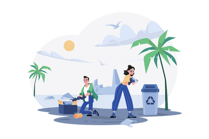 People Are Cleaning Up Trash On The Beach  Illustration