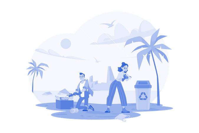 People Are Cleaning Up Trash On The Beach  Illustration