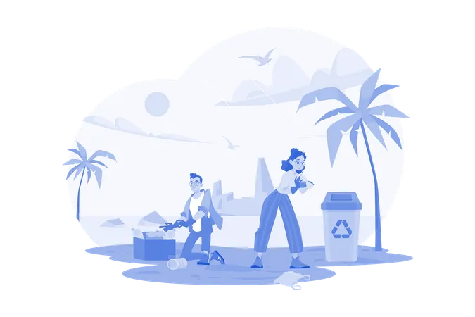 People Are Cleaning Up Trash On The Beach  Illustration