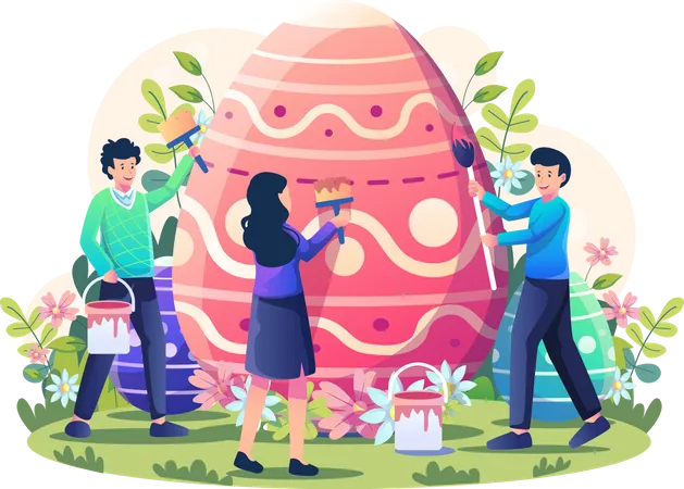Young People Are Decorating And Painting A Giant Easter Egg Happy Easter Day Celebration Flat Style Vector Illustration Illustration