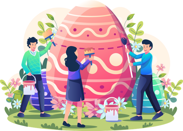 People are decorating and painting a giant Easter egg  Illustration