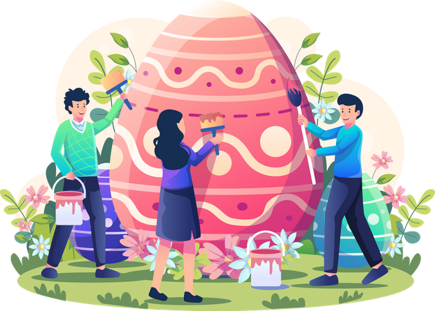 People are decorating and painting a giant Easter egg  Illustration