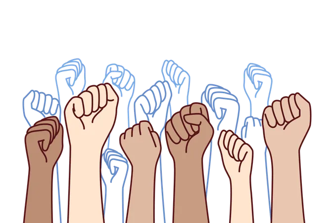 Hands Of Diverse People Raising Fists In Protest And Calling For Revolution To Fight Social Injustice Concept Mass Protest And Disobedience To Authorities Caused By Lack Of Democracy In Society Illustration